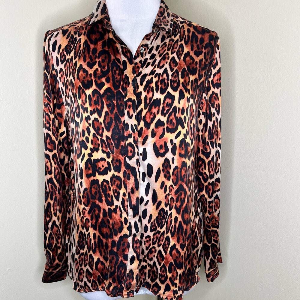 Maus & Hoffman Silk Top Small Womens Leopard Preppy Long Sleeve Button Up Chic